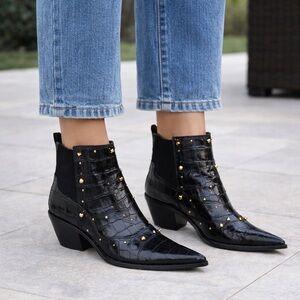 Vince Camuto Boots Womens 10M Black Leather Croc Stud Western Cowgirl NORLEY